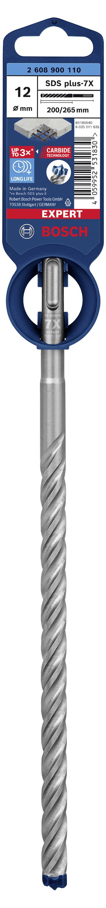 Bohrer mit Längsrillen zur Staubentfernung, geeignet für Beton. Verpackung zeigt Marke Bosch, Durchmesser 12 mm, 200 mm Länge.