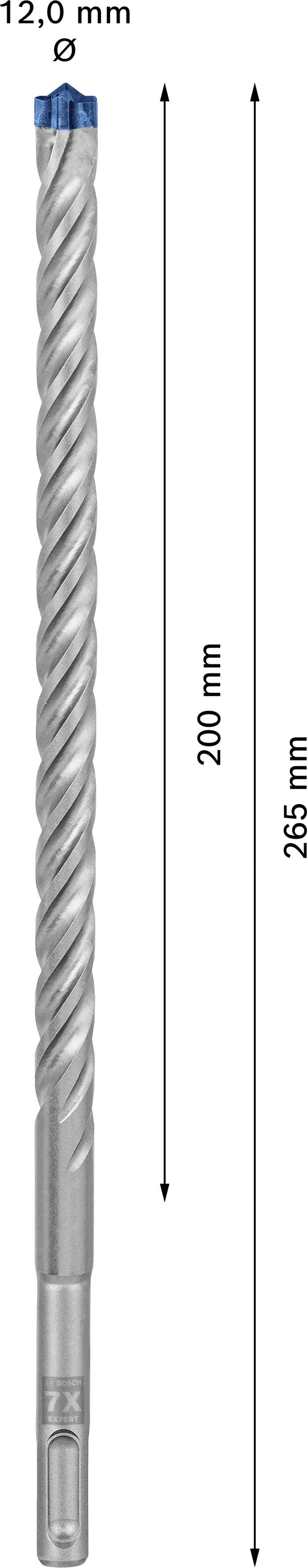 Abgebildet ist ein Bohrer mit einer Gesamtlänge von 265 mm und einem Durchmesser von 12,0 mm. Die Nutzlänge beträgt 200 mm.