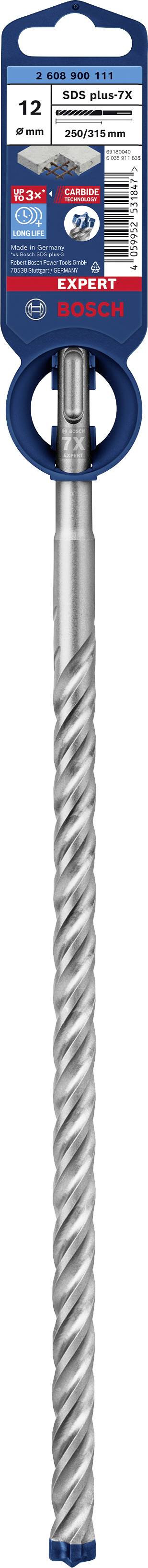 Bohrer mit blauer Verpackung und Etikett. Marke: Bosch. Größe: 12 mm x 200 mm. Optimal für Beton und Mauerwerk. Spiraldesign.