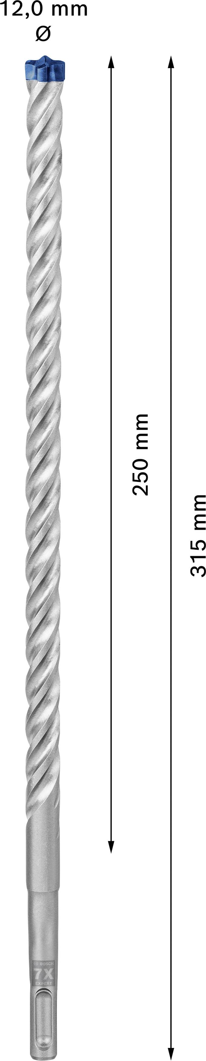 Bohrer für Betonarbeiten, Durchmesser 12,0 mm, Gesamtlänge 315 mm, Arbeitstiefe 250 mm, spiralförmiges Design, graue Farbe.