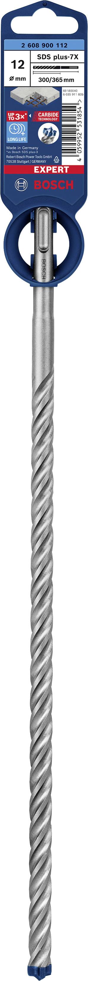 Bohrer für Beton, 12 mm Durchmesser, Verpackung mit techn. Details und Logos von Bosch und SDS-Max, empfohlen für schwere Bohrarbeiten.