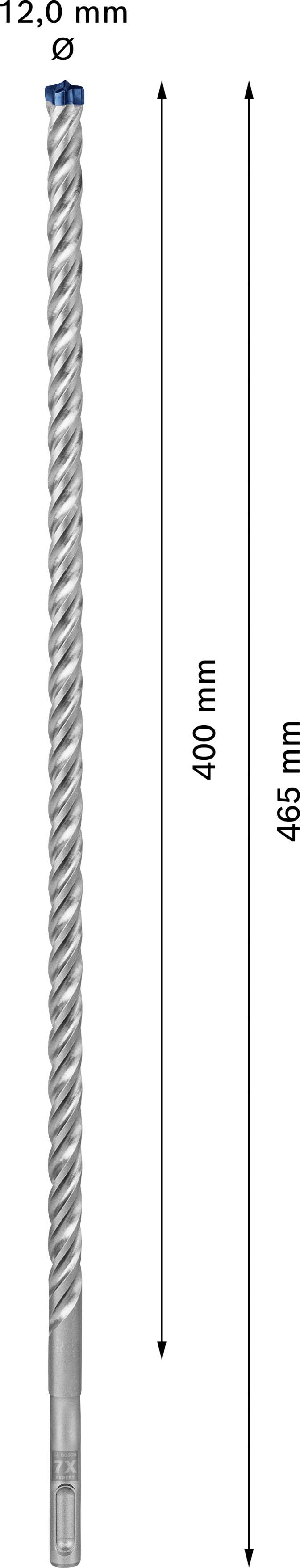 Bohrer mit Durchmesser 12,0 mm und Länge 465 mm, davon 400 mm spiralförmig. Pfeile zeigen Längenmaße.