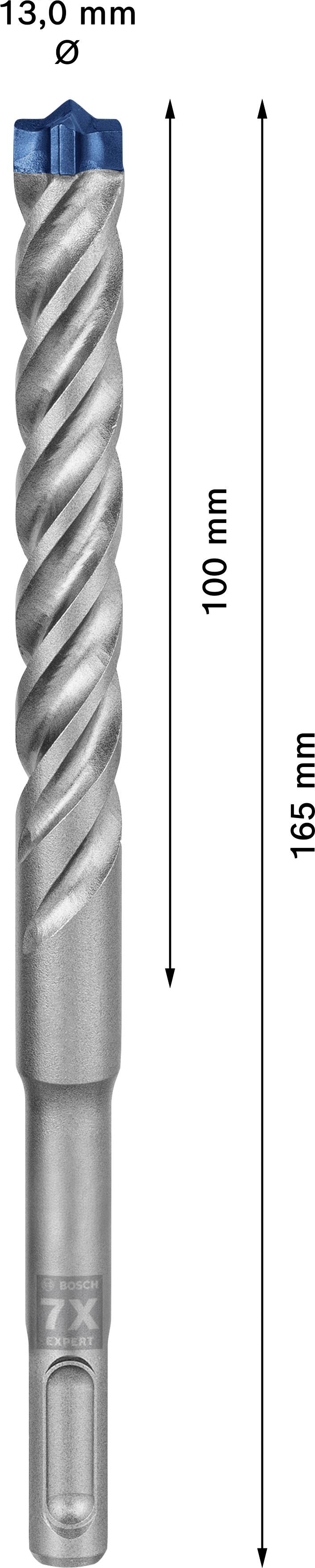 Ein silberner Bohrer mit spiralförmiger Spitze, einem Durchmesser von 13,0 mm und einer Gesamtlänge von 165 mm, Bohrtiefe 100 mm.