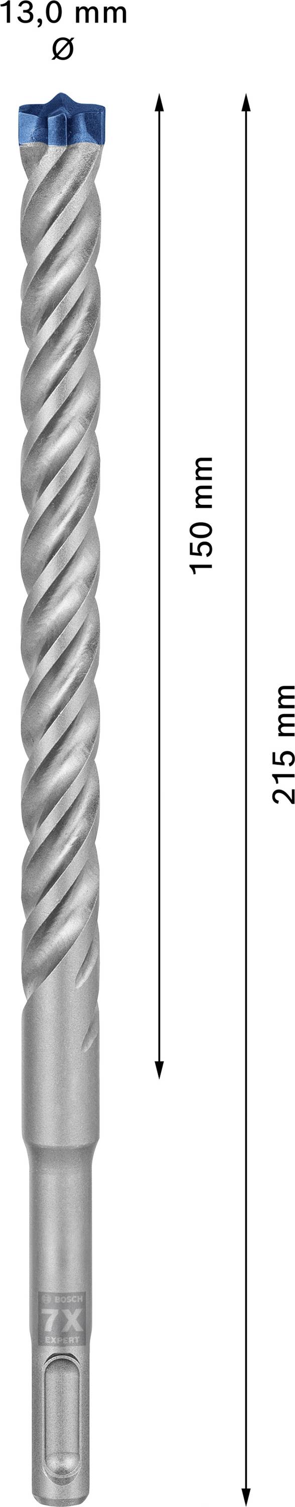 Bohrer mit blauer Spitze und Spiralform. Länge: 215 mm, Bohrtiefe: 150 mm, Durchmesser: 13,0 mm.