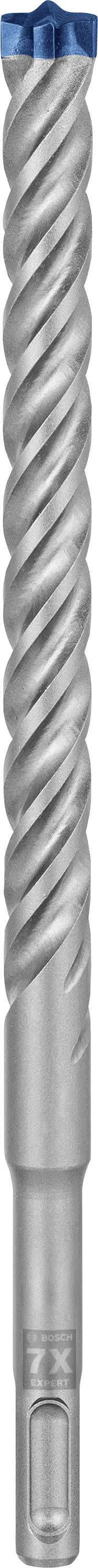 Grauer, spiralförmiger Bohrer mit blauem Kopf. Der Bohrer hat eine geriffelte Oberfläche für erhöhte Stabilität beim Bohren.