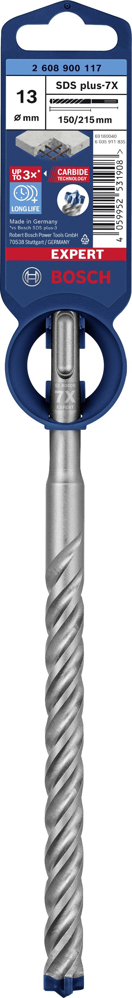 SDS-Plus Bohrer von Bosch, Durchmesser 13 mm, Expert-Serie, geeignet für Beton, Verpackung zeigt Bohrer mit blauem und rotem Etikett.
