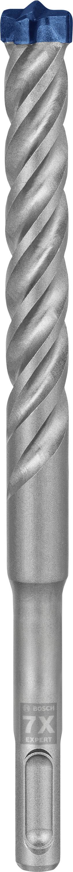 SDS-Bohrer mit spiraliger Rille aus silbernem Metall, Spitze in Blau. Geeignet für Betonarbeiten.