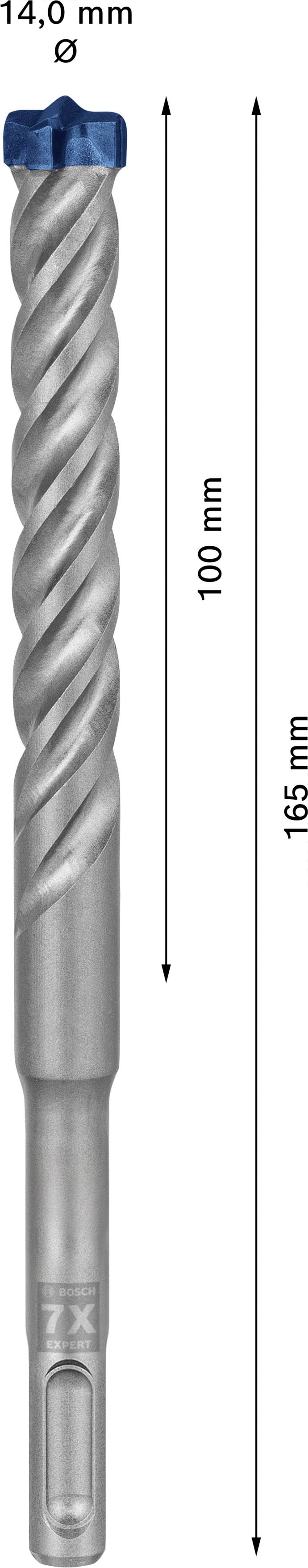 SDS Plus Bohrer mit 14,0 mm Durchmesser und 165 mm Gesamtlänge. Nutzlänge beträgt 100 mm. Geeignet zum Bohren in Beton.