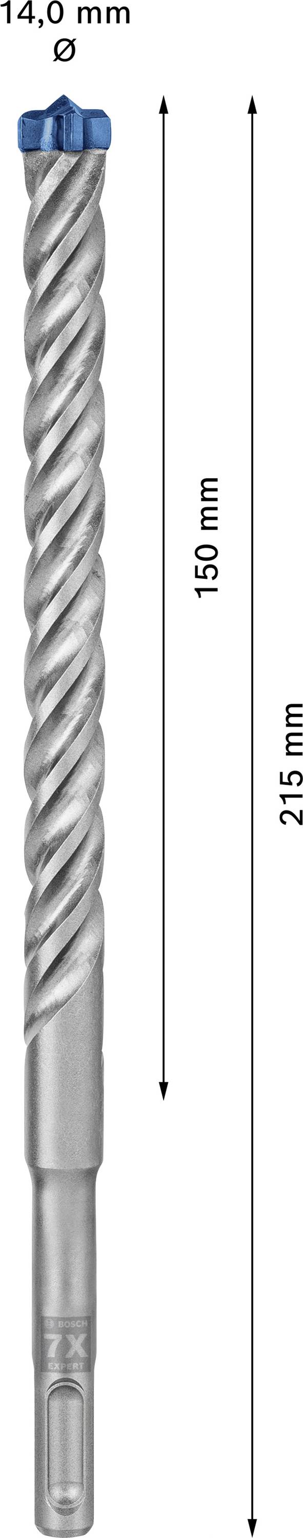 Bohrer mit blauer Spitze, Gesamtlänge 245 mm, Nutzlänge 150 mm, Durchmesser 14,0 mm.
