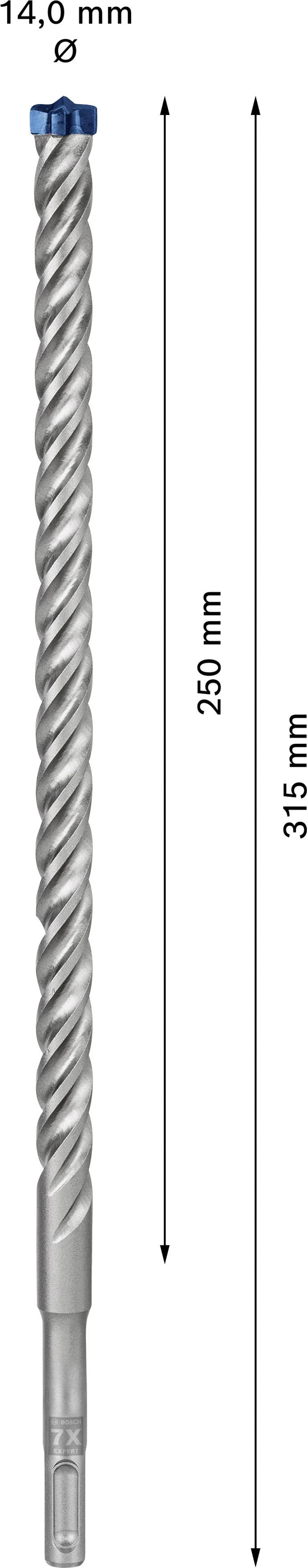 SDS-plus-7-Bohrer, 14,0 mm Durchmesser, 315 mm Gesamtlänge. Nutzlänge 250 mm, geeignet für Beton, Stahl und Naturstein.