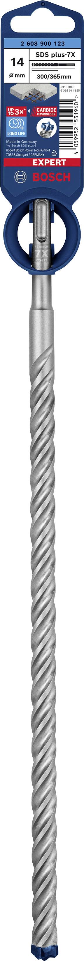 Eine Bohrspitze mit blauem Etikett, das Informationen zum Durchmesser (14 mm) und zur Länge enthält.