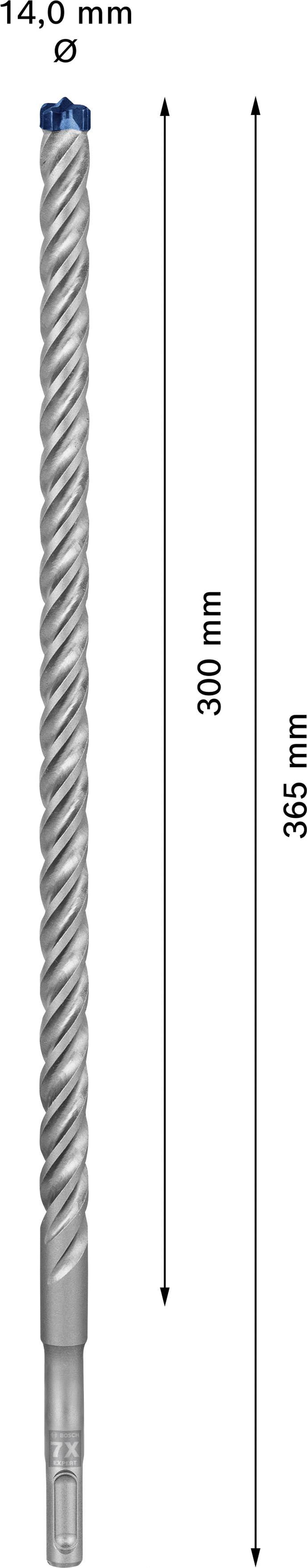 Bohrer, 14,0 mm Durchmesser, Länge 300 mm, Gesamtlänge 365 mm. Spiraldesign, geeignet für präzises Bohren in Beton.