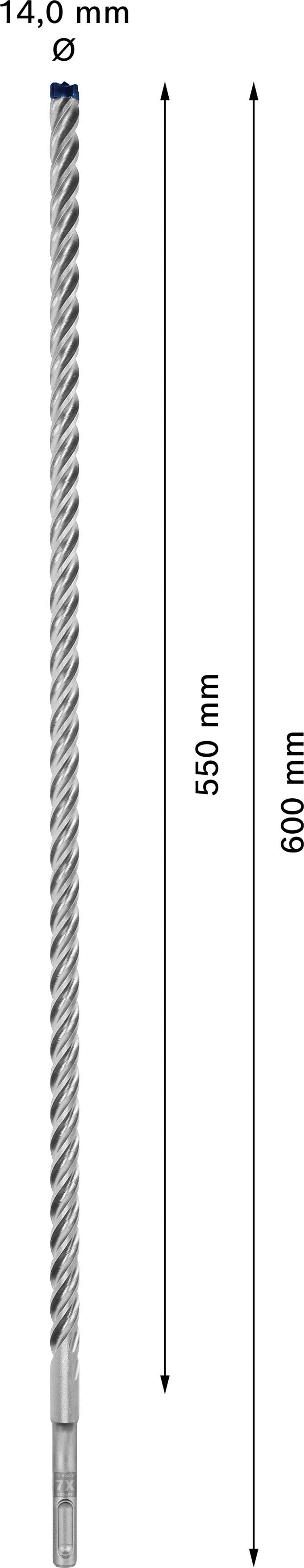 Langer, spiralförmiger Bohrer mit einem Durchmesser von 14,0 mm und einer Länge von 600 mm, davon 550 mm nutzbar.