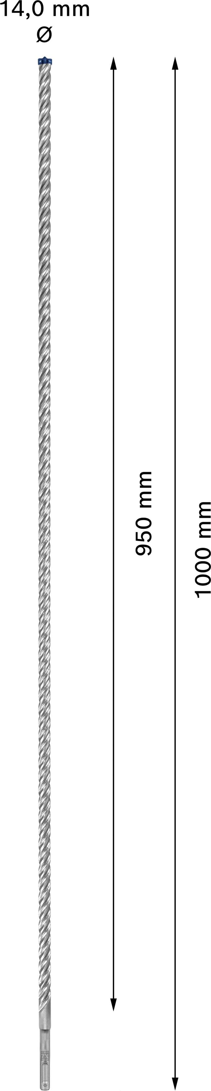 Stahlstab mit 14,0 mm Durchmesser, Länge von 1010 mm, sichtbar als gestrichelte Linie mit Spitzen auf beiden Seiten.