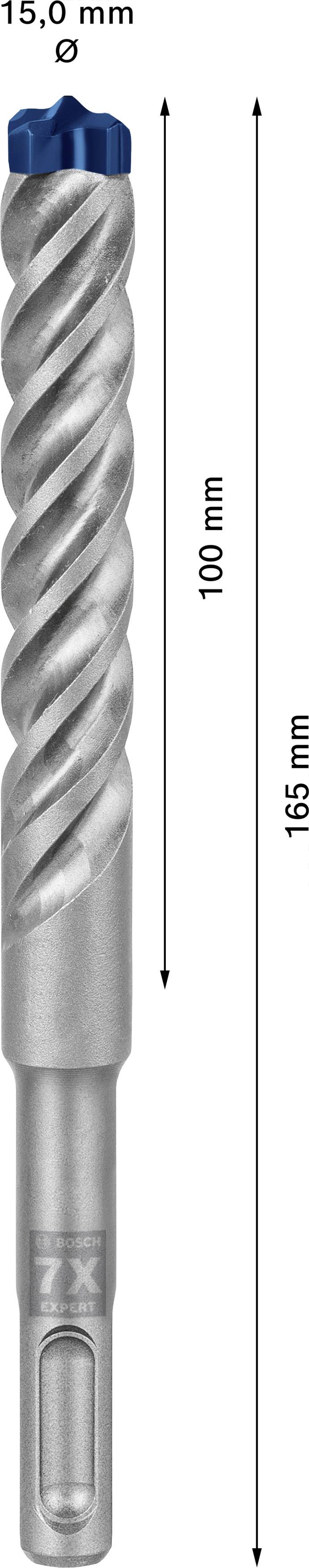 Bohrer mit 15 mm Durchmesser, Gesamtlänge 165 mm, Arbeitslänge 100 mm. Silberfarben mit blauer Spitze.