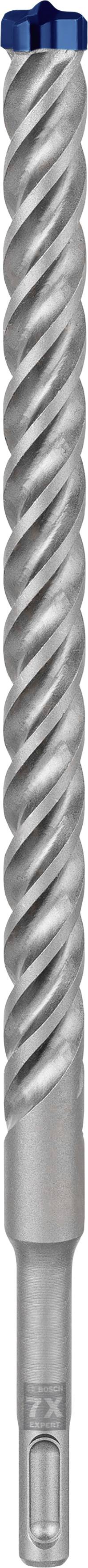 Ein silberner Bohrer mit spiralförmigen Rillen und einem blauen Kopf für das Bohren in harte Materialien.