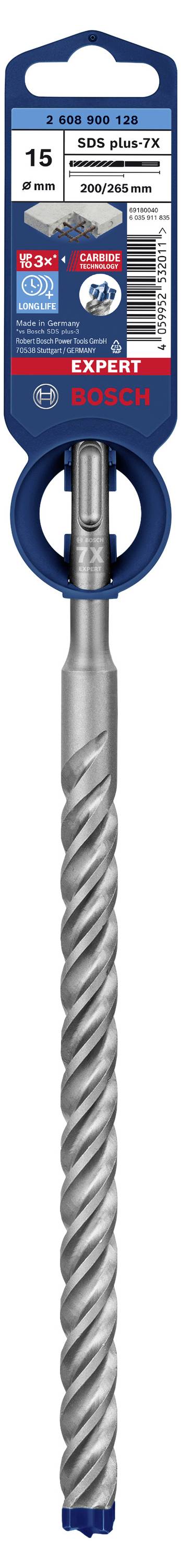 Bohrer-Bit mit hexagonalem Schaft, grauer Spirale und blauem Endstück. Verpackung zeigt Informationen wie Größe und Marke.