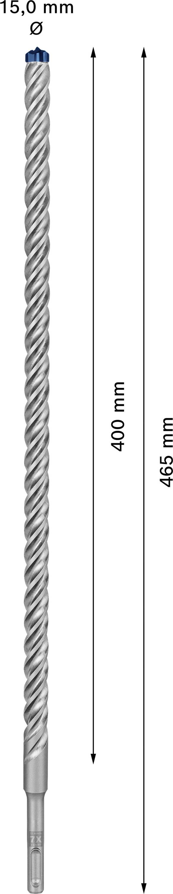 Bohrerschaft mit zwei Pfeilen; einer zeigt '400 mm' und der andere '465 mm'. Durchmesser oben ist '15,0 mm'.