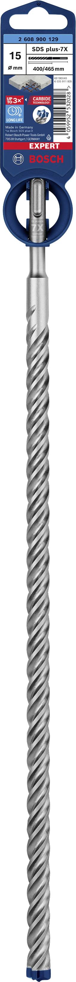 Bohrer mit spiralförmigen Rillen, Markenetikett, und technischen Spezifikationen auf der Verpackung. Geeignet für Betonbohrungen.