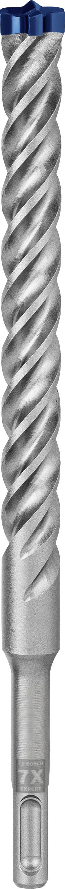 Grauer spiraliger Bohrer mit blauem Kopf oben, geeignet für Betonbohren.