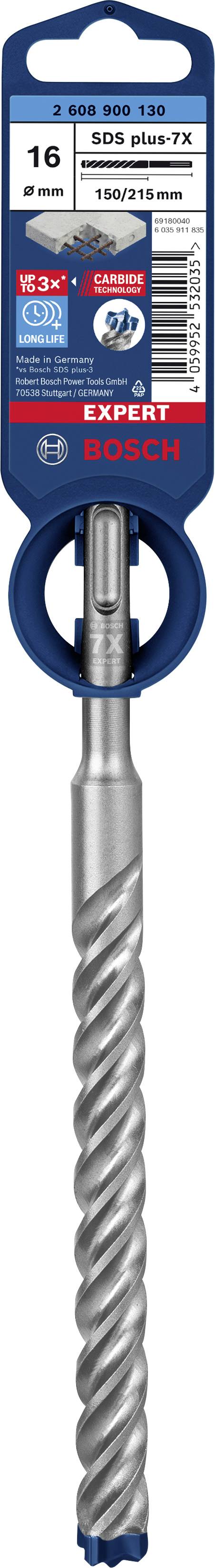 Bohrer von Bosch, SDS plus-7X, Durchmesser 16 mm, Gesamtlänge 200 mm, zertifiziert für Stahlbeton und armierten Beton.