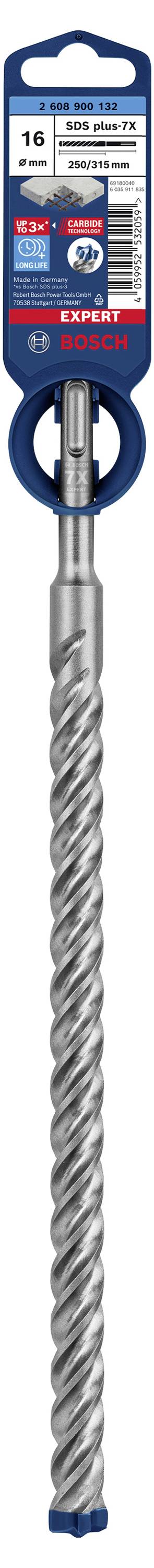 Ein langer, metallischer Bohrer mit spiralförmiger Spitze, geeignet für Beton und Mauerwerk, mit einer blauen Verpackung oben.