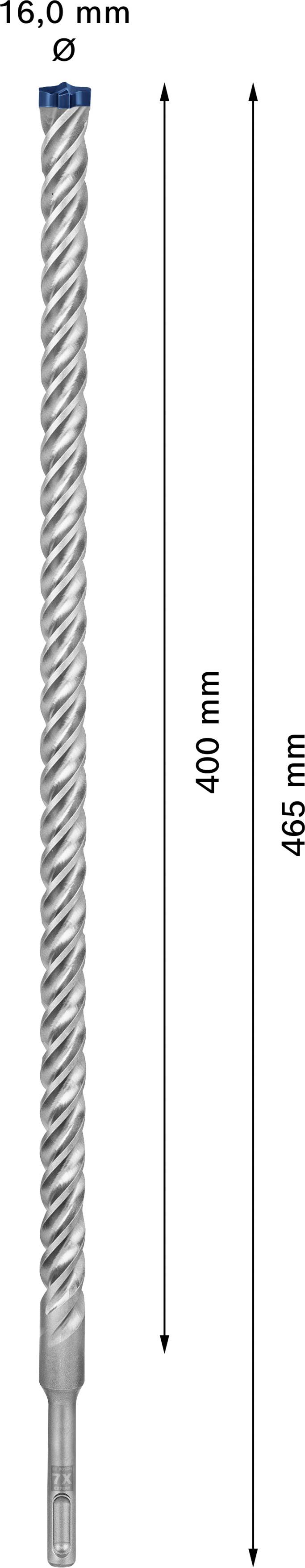 Bohrer mit 16,0 mm Durchmesser und 400 mm Arbeitslänge. Gesamtlänge beträgt 465 mm. Geeignet für präzises Bohren in Beton.