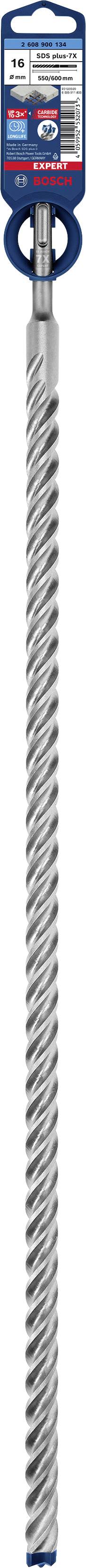 Ein langer, metallischer Bohrer mit spiralförmiger Spitze und blauem Aufsatz, geeignet für bohrende Bauarbeiten in robusten Materialien.