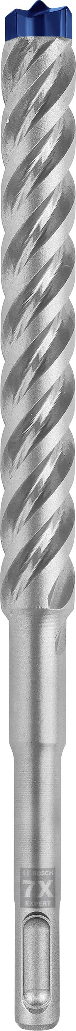 Nahaufnahme eines metallischen Bohrers mit spiralförmigen Rillen und blauem Kopf, vor weißem Hintergrund.