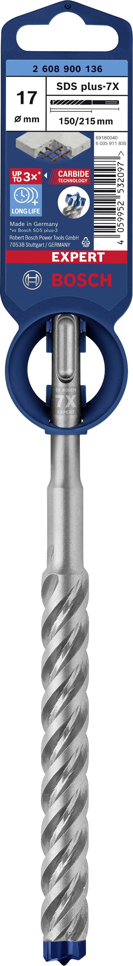 Bohrer von Bosch, Typ: SDS plus-7X, Durchmesser: 17 mm, Länge: 150/210 mm, geeignet für Beton. Verpackung zeigt Markenlogo und Produktinformationen.