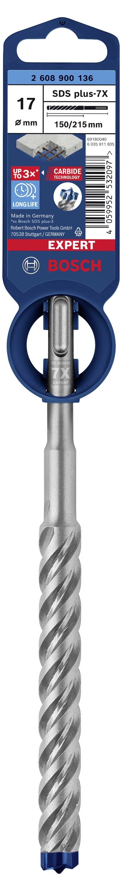 Bohrer mit SDS plus-7X Aufnahme von Bosch, Durchmesser 17 mm, Länge 150/210 mm, geeignet für Betonbohrungen. Verpackung zeigt Markenlogo.