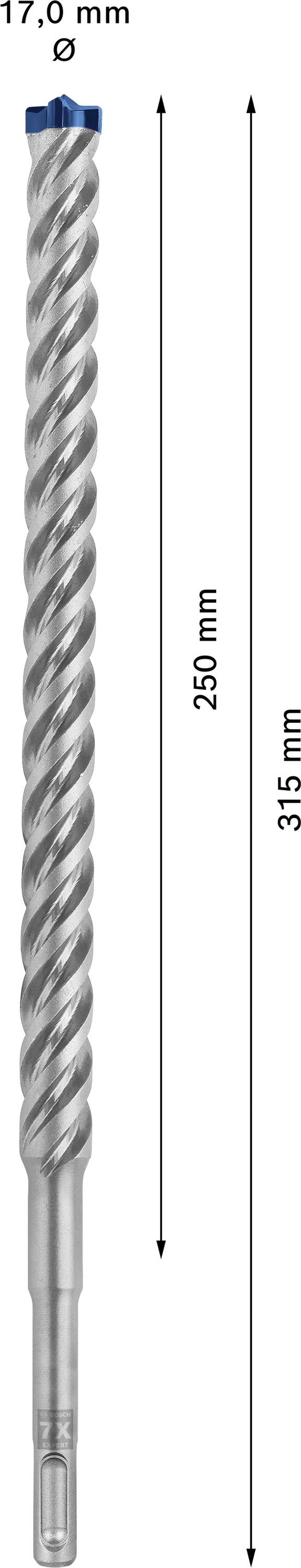 Bohrer mit 17,0 mm Durchmesser, 250 mm Arbeitslänge und 315 mm Gesamtlänge. Silbernes, spiralförmiges Design.