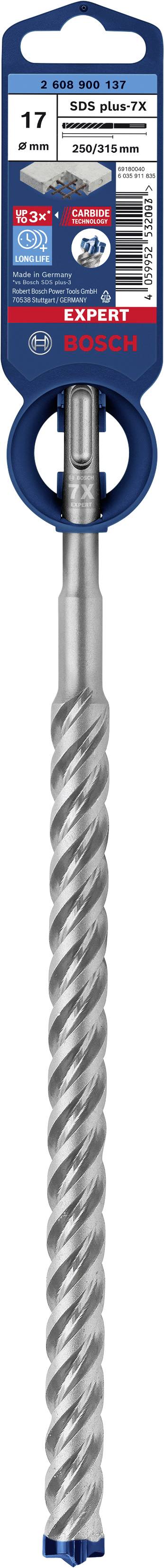 Bohrer für Beton, Stein und Mauerwerk, 17 mm Durchmesser, hergestellt von Bosch. Verpackung blau mit Produktinformationen.