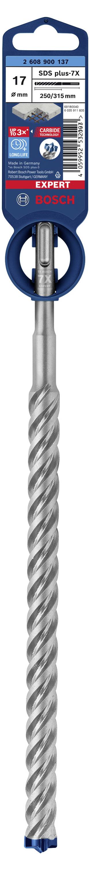 Bohrer mit spiralförmigem Design und Etikett mit technischen Details. Geeignet für Beton, 17 mm Durchmesser, Marke Bosch.