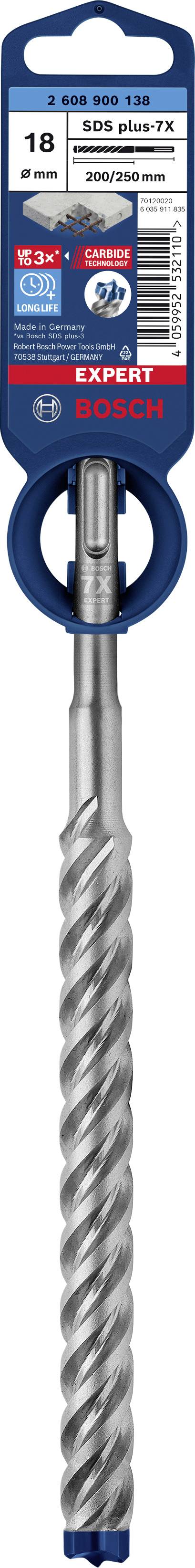 Bohrer mit blauer Spitze, Aufschrift 'Bosch SDS-plus-5X', Durchmesser 18 mm, Länge 200 mm. Geeignet für Beton und Mauerwerk.