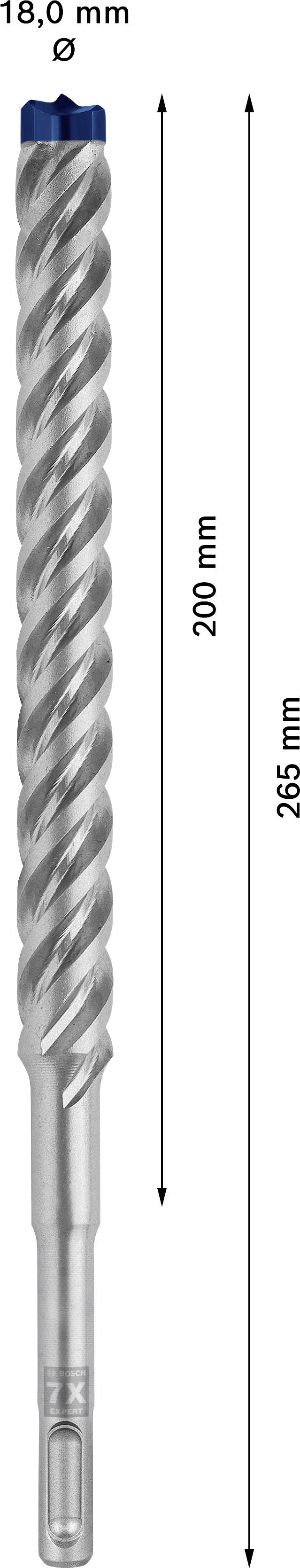Bohrer mit SDS-plus-Schaft, Gesamtlänge 265 mm, Arbeitslänge 200 mm, Durchmesser 18 mm.