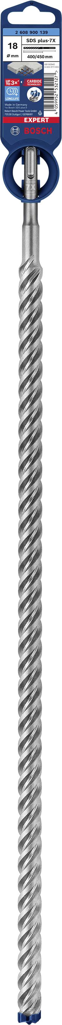 Bohrer mit blauem Schaft, spiralförmigem Metallkörper und farbigem Etikett; Marken- und Größeninformationen auf dem Etikett.