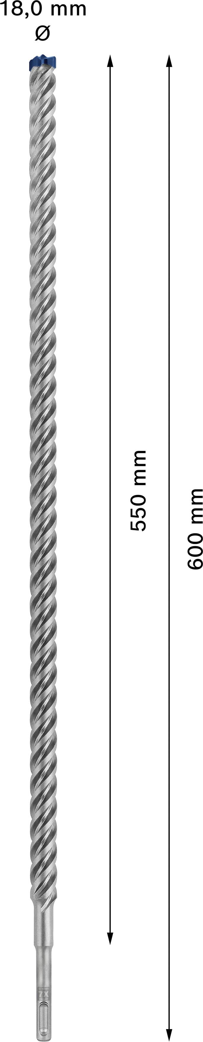 Bohrer, Durchmesser 18 mm, Gesamtlänge 600 mm, Arbeitslänge 550 mm, abgebildet mit Größenangaben.