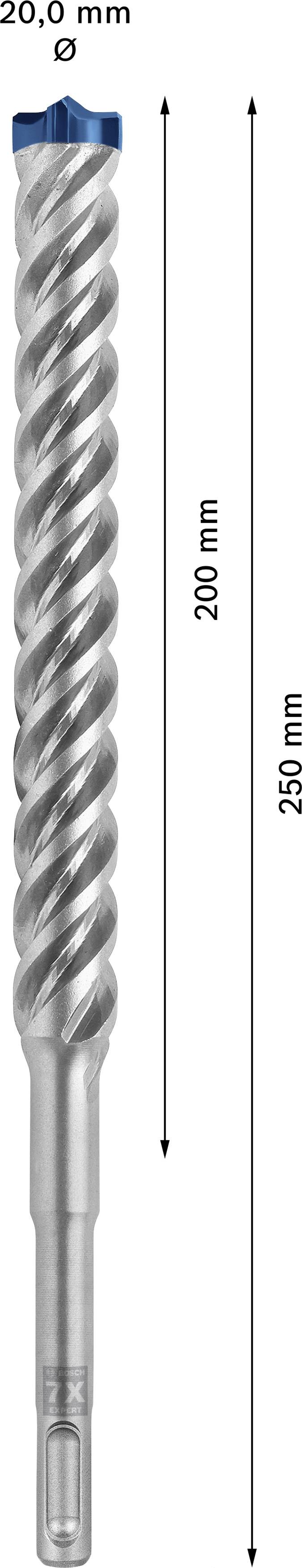 Bohrer mit einer Länge von 250 mm, einem Schneideabschnitt von 200 mm und einem Durchmesser von 20,0 mm.