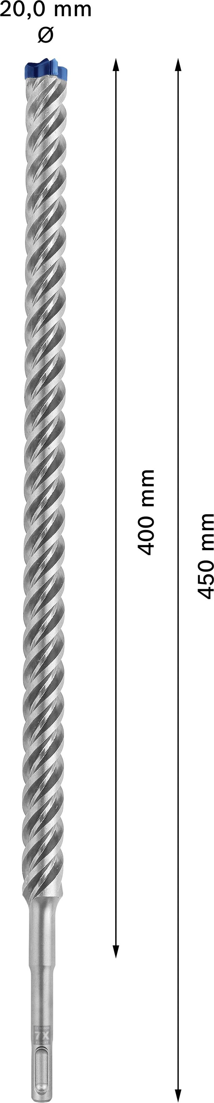 Bohrer mit Durchmesser von 20,0 mm und Gesamtlänge von 450 mm. Nutzlänge beträgt 400 mm. Der Bohrer hat eine spiralförmige Form.