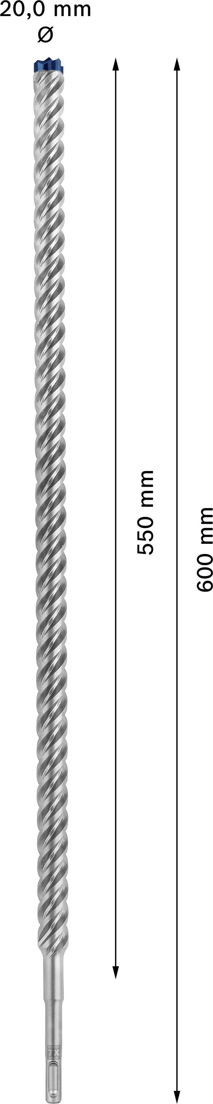 Stahlbohrer mit einem Durchmesser von 20,0 mm und einer Gesamtlänge von 600 mm. Arbeitslänge beträgt 550 mm.