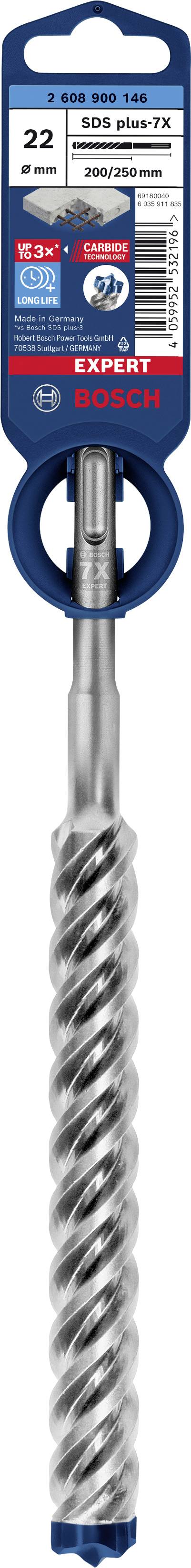 'Bosch SDS-max-7' Bohrer für Beton und Stahlbeton, Durchmesser 22 mm, Länge 200 mm. Verpackung zeigt Produktdetails und Barcode.
