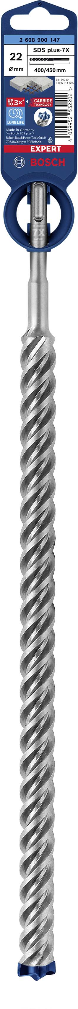 Bohrer mit spiralförmiger Edelstahlspirale und blauem Etikett; geeignet für Beton; Marke Bosch.