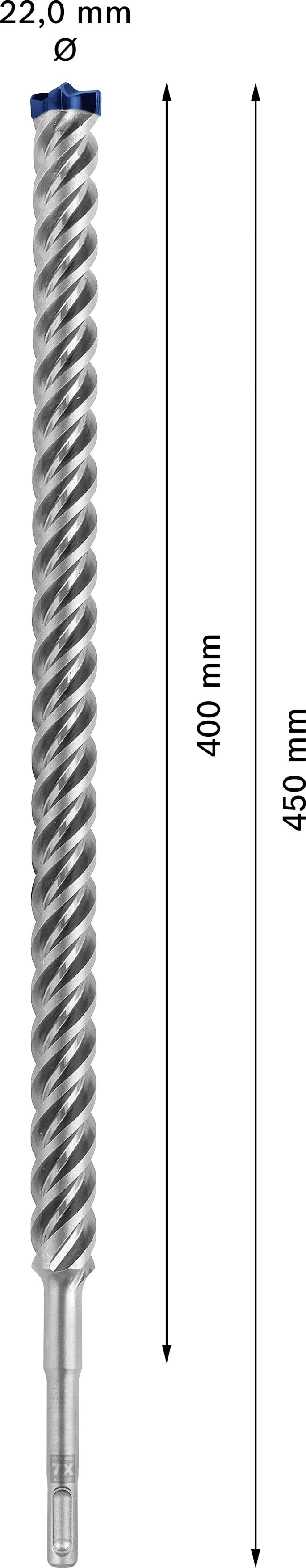 Bohrer mit 22,0 mm Durchmesser, Länge 400 mm gesamt 450 mm, silbern, spiralförmig, SDS-Aufnahme.