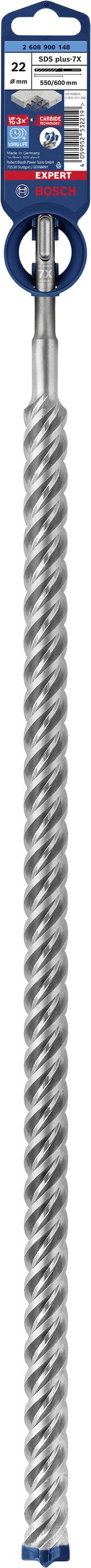 Blick auf einen Bohrer mit spiralförmigem Design, geeignet für schwere Materialien. Produktetikett und Markenname oben sichtbar.