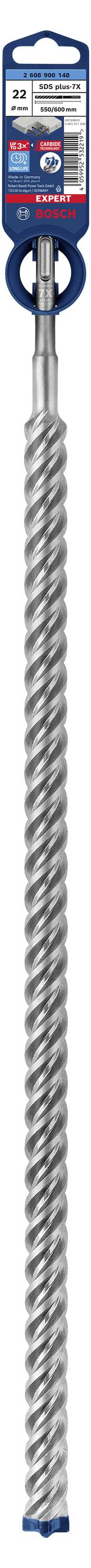 Bohrer mit spiralförmigen Rillen und blauem Griff. Verpackung zeigt Markenlogo und Produktinformationen. Geeignet für Betonarbeiten.