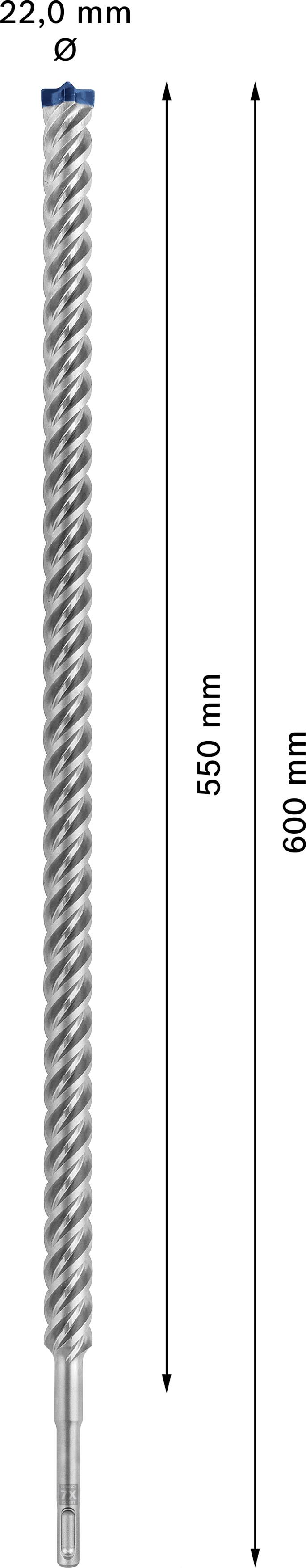 Bohrer mit 22,0 mm Durchmesser, Gesamtlänge 600 mm, Arbeitslänge 550 mm.