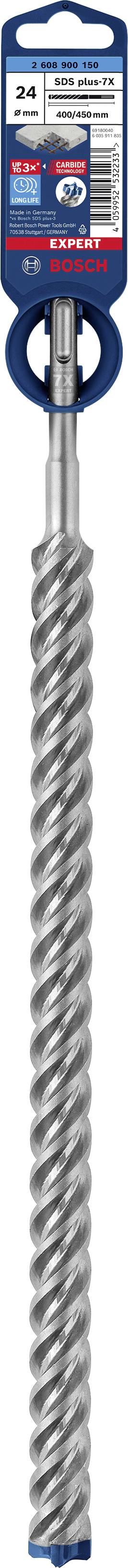 Nahaufnahme eines grauen, spiralförmigen Bohrers mit blauem Etikett; geeignet für Beton mit hoher Präzision und Effizienz.