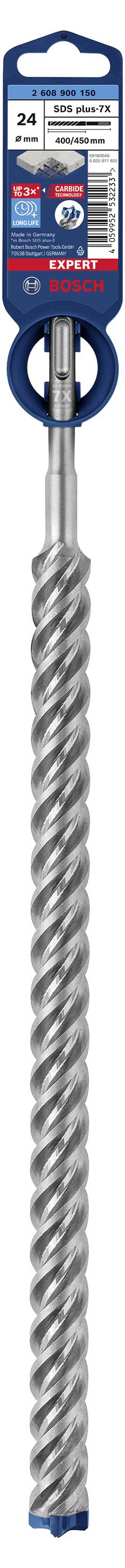 Ein grauer Bohrer mit Verpackung in Blisterform. Der Bohrer hat spiralförmige Rillen und wird für den Einsatz auf Beton beworben.