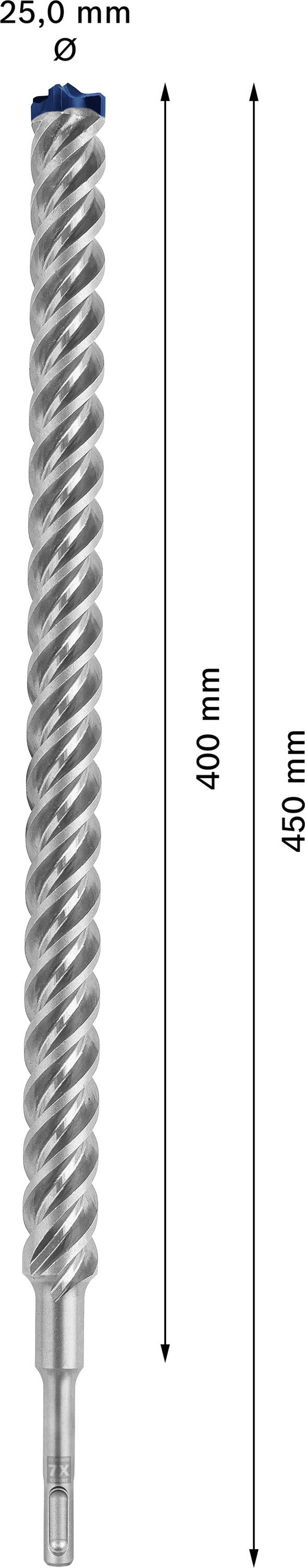 Bohrer mit 25,0 mm Durchmesser und 450 mm Gesamtlänge, Spiralform. Markierungen für 400 mm Funktionstiefe.
